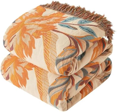 Bailix Boho Throw Blanket, 100% Cotton, Woven Floral Pattern, 60"x80"