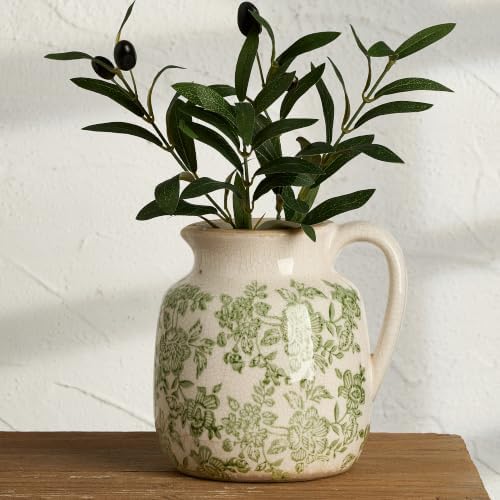 Ceramic Vintage Flower Vase, Utensil Holder, Green and White Decorative Vase Chinoiserie Decor Rustic Farmhouse Retro Floral Vases for Table Bookshelf Mantel Kitchen Living Room - 6.7” Green 016