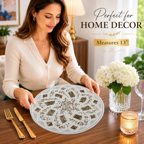Round Glass Beaded Placemat, 13 Inch, Silver Brown