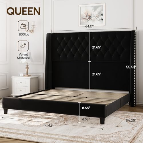 Queen Upholstered Bed Frame, 55.4'' Tall Headboard with Wingback