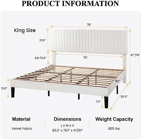 SHA CERLIN King Upholstered Platform Bed Frame with Vertical Channel Tufted Velvet Fabric Adjustable Headboard, Wooden Slats Support, Mattress Foundation, Box Spring Optional, White