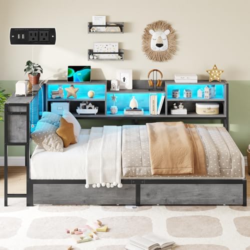 Corner Twin Bed Frame with Bookcase Storage Headboard & Led Lights,Oak Gray