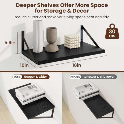 Axeman Deep Floating Shelves, 18'' x 10'' Black Wall Shelves Set of 2