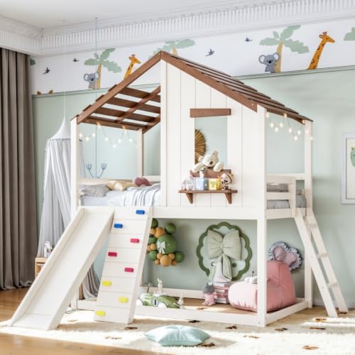 Twin Size House Bunk Bed with Convertible Slide & Ladder, Beige