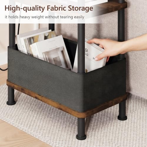 Small Narrow Side Table with Charging Station, 3-Tier Skinny End Table with Fabric Basket, Easy Assembling, Slim Nightstand Bedside Table for Small Spaces, Living Room, Bedroom