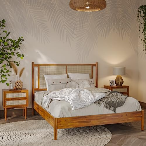 Bme Oliver 15-Inch Queen Bedframe with Rattan Headboard, Bohemian, Caramel