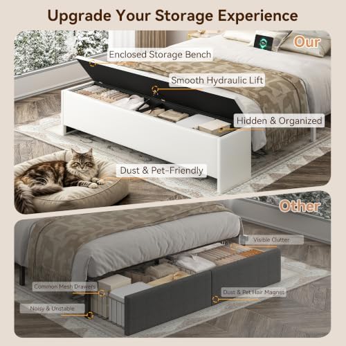 FreeHouse Queen Bed Frame with Storage Headboard and Drawers, PU Leather