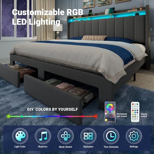 Allewie King Size Bed Frame with 2-Tier Storage Headboard & 2 Large Drawers