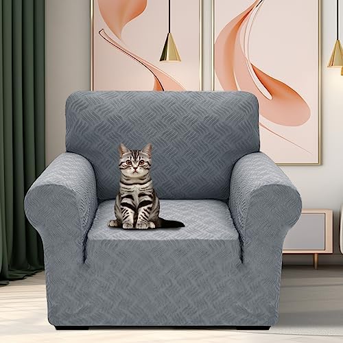 YEMYHOM Couch Cover Latest Jacquard Design High Stretch Sofa Chair Covers for Living Room, Pet Dog Cat Proof Armchair Slipcover Non Slip Elastic Furniture Protector (Small, Leaf Pattern Light Gray)