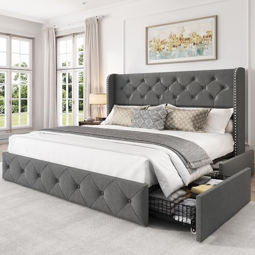 LARMACE Queen Size Platform Bed Frame with 4 Storage Drawers and 47.2" Tall Tufted Headboard Linen Upholstered Bed Wingback Bed Frame with Wooden Slats Support, Easy Assembly, Light Grey