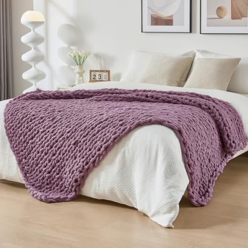 Bigacogo Chunky Knit Throw Blanket for Couch, 51x63 inches, Winter Grape