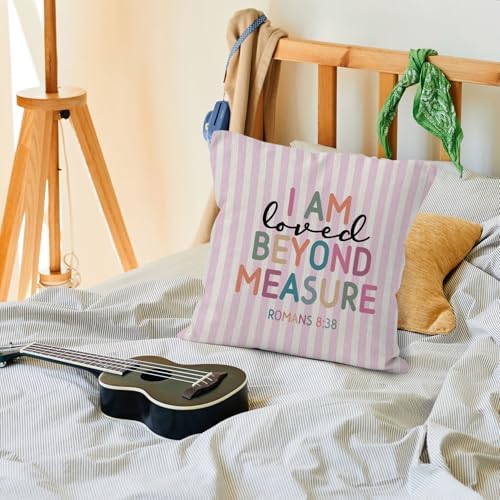 Boho Inspirational Christian Nursery Throw Pillow Cover 18x18, Religious Bible Verse Decorative Pillow Covers for Kids Girls Room Bedroom Playroom, Pink Striped Accent Pillows Cover Pillowcases