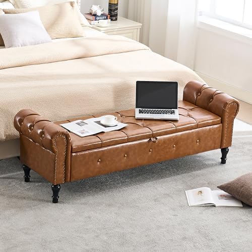 Storage Bench 67" Faux Leather End of Bed Benches Brown