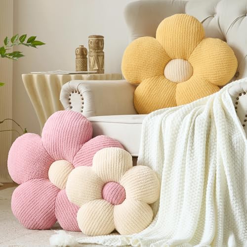 Flower Pillow, Decorative Throw Pillow for Couch, Cute Decor Pillows for Bed, Aesthetic Flower Shaped Pillow Fun Cushion (Yellow, 19.6 Inches)