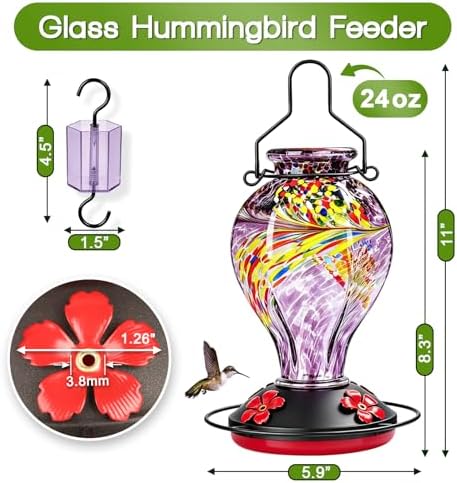 Hand Blown Glass Hummingbird Feeders for Outdoors Hanging, 24oz Wild Bird Nectar Feeder with Ant Moat and Perch, Bee-Resistant Ports, Garden Decor, Gifts for Women Mom, 1 Pack, Purple Phoenix