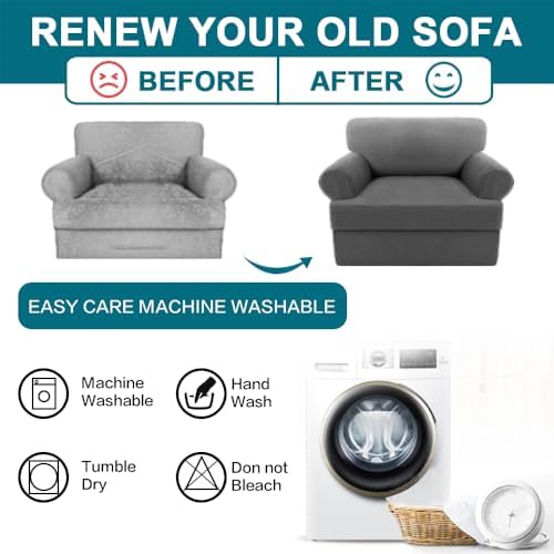 Turquoize T Cushion Chair Slipcover Armchair Slipcover for Living Room Stretch Sofa Couch Cover Soft Armchair Cover Washable Furniture Covers with Individual T Cushion Seat Covers (Chair, Gray)