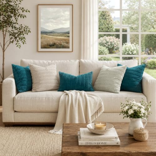 MIULEE Corduroy Decorative Throw Pillow Covers 18x18 Teal Pack of 2