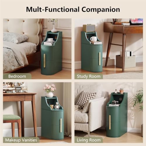7.87" Narrow Nightstand with 2 Drawers, Green Bedside Table for Small Space, Skinny End Table with 1 Semi-Open Shelf for Living Room, Bedroom