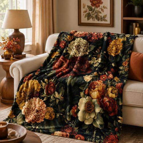 Vintage Floral Blanket, Dark Botanical Flannel Throw 50x60 Inch