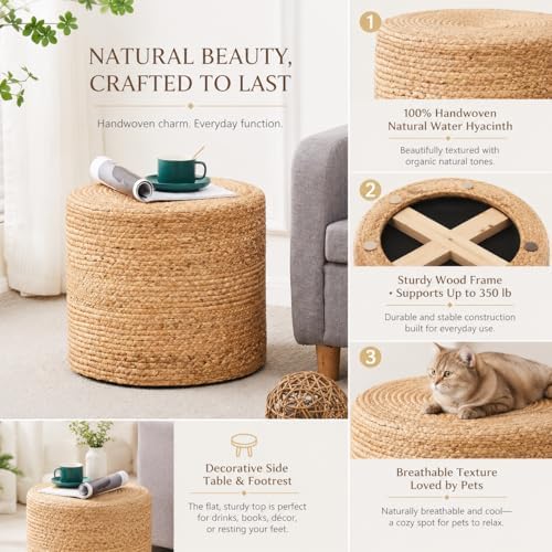 18'' Boho Ottoman Pouf Natural Water Hyacinth Rustic Handmade Lounge Pouffe