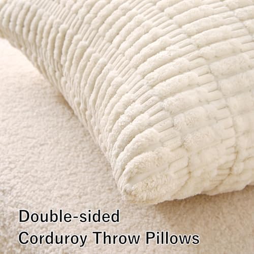 2 Pack Corduroy Decorative Throw Pillow with Inserts, 18x18 Inch Soft Boho Throw Pillow, Square Striped Throw Pillows for Couch, Bed, Sofa Decor(Beige)