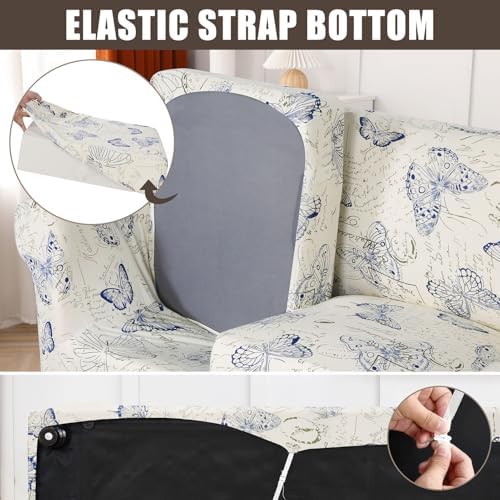 SearchI Stretch Sofa Cover Printed Couch Covers, Floral Pattern 2 Piece Armchair Slipcover with Separate Chair Cushion Cover, Washable Furniture Protector for Living Room(Chair, Butterfly Pattern)