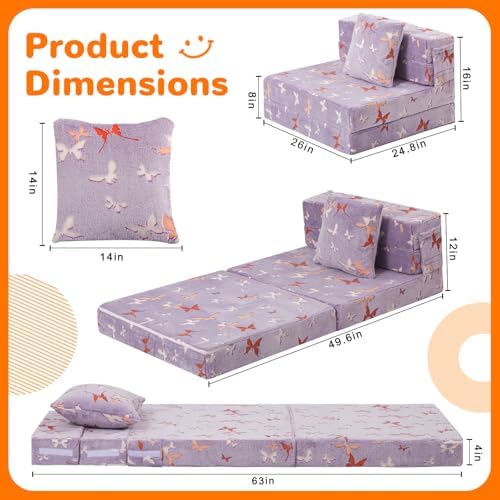 MeMoreCool Kids Floor Mattress, 8in Glow Butterfly Trifold Sofa Bed, Purple