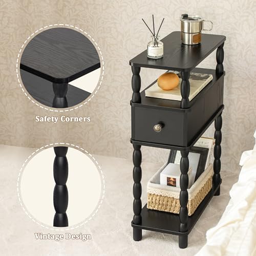MaxSmeo Black Narrow Side Table, Narrow End Table with Storage, Skinny Small Nightstand with Drawer for Bedroom, Living Room, Small Spaces (Black)