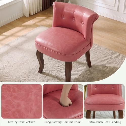Faux Leather Pink Vanity Chair with Back, Upholstered Makeup Accent Chair