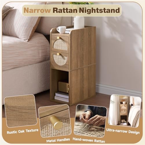 Narrow Nightstand (Rattan & Wood) - Small Bedside Table with 2 Drawers, Open Shelf, Mid Century Modern End Table - for Bedroom, Living Room & Small Spaces, Rustic Oak Rattan