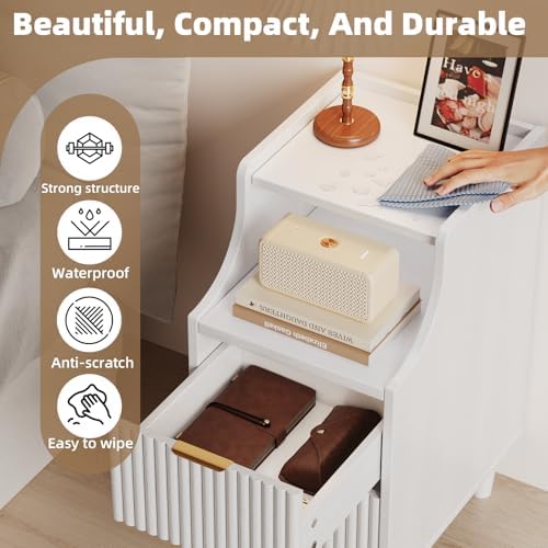 Narrow Nightstand Set of 2,11.8" Fluted Bedside Table Set of 2, Slim Side End Table with 2 Drawers, Wooden Bedside Table, White Wood Night Stand for Bedroom Livingroom Sofa Office