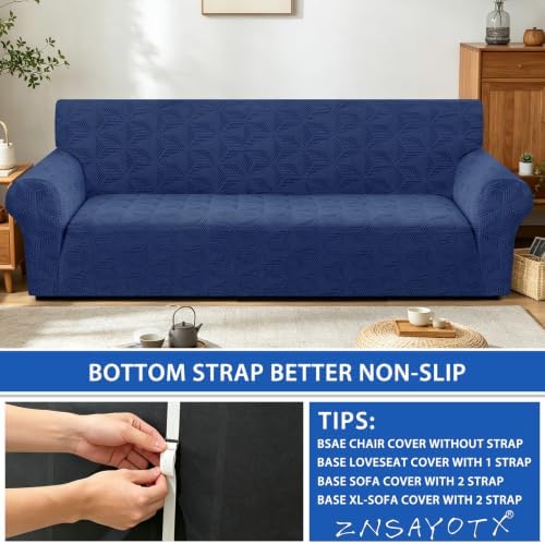ZNSAYOTX Stretch Couch Cover, 1 Piece Oversized Sofa Covers for 3 Cushion Couch, Jacquard Sofa Slipcovers with Elastic Bottom Thickened Furniture Protector for Dog Cat Pet (X-Large, Navy Blue)