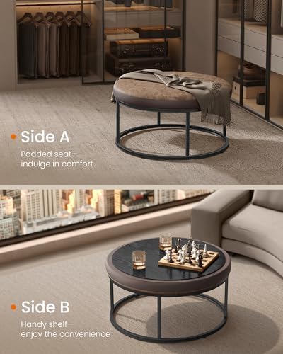SONGMICS Home Ottoman, Round Coffee Table, Reversible Top, Steel Frame