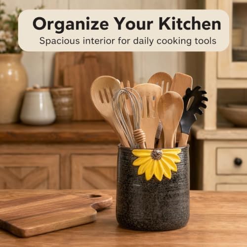 Ceramic Utensil Holder Sunflower Kitchen Utensil Crock Flower Vase Decor