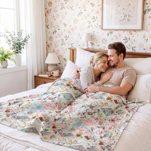 Breling Boho Floral Throw Blanket with Vintage Patchwork 50 x 60 Inch