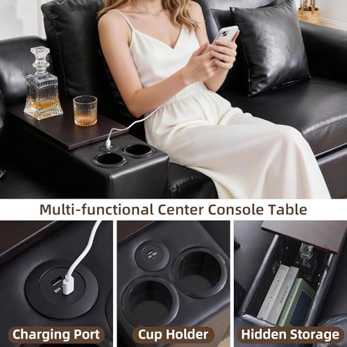 LEVNARY Modular Lift-Top Console with USB Charging and Cup Holders, Center Storage Module for Modular Reclining Sofa (Black)
