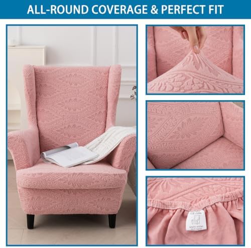 HZDHCLH Wingback Chair Slipcovers 2 Piece Stretch Spandex Chair Covers Washable Armchair Protector with Elastic Fit for Living Room Bedroom Pink Embossed Leaf Pattern