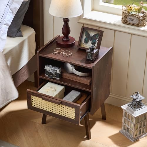 Lerliuo Rattan Nightstands Set of 2, Bedside Table with Drawer Open Shelf
