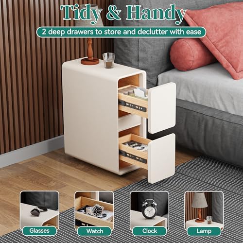 7.8" W Leather Narrow Nightstand Set of 2, Modern Fully-Assembled Bedside Table with 2 Drawers, White Night Stand Small Accent End Table & Side Table for Bedroom, Cream White