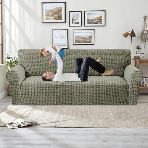 MAXIJIN Stretch Couch Cover Sofa Covers for 3 Cushion Couch (71"-91" Washable Sofa Slipcovers with Non-Slip Foam & Elastic Strap, Dog Cat Pet Friendly Furniture Protector (Large, Army Green)