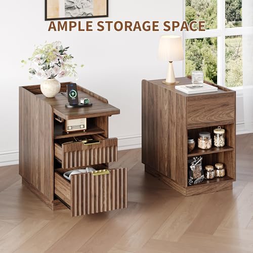 iPormis Fluted Narrow End Table with Charging, 2-Drawer Nightstand, Walnut