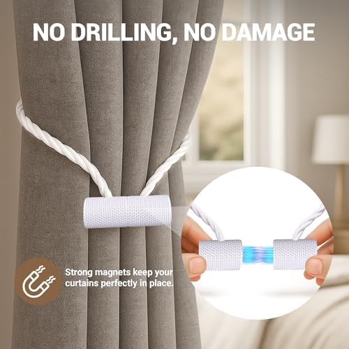 Hion Magnetic Curtain Tiebacks White 2pcs, Curtain Holdbacks Hooks Holders
