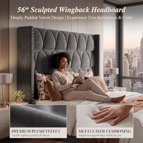 56.3" High Velvet Upholstered Wingback Headboard, King, Gray