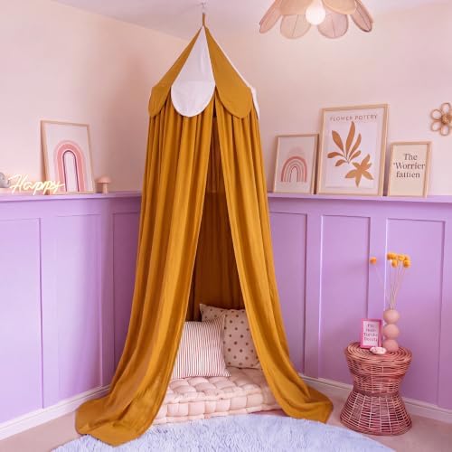 Bed Canopy with Scalloped Edge, 2 Panel Striped, Camel
