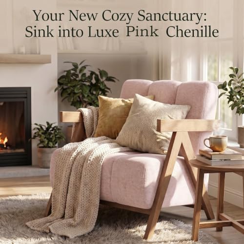 Modern Accent Chair Set of 2 for Living Room Bedroom,Comfy Chenille Reading Chair with Wood Frame,Upholstered Lounge Armchair with Thick High-Elastic Sponge for Apartment & Waiting Room(Blush Pink,2)
