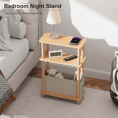 Apicizon Narrow Side Table with Fabric Basket, 3-Tier End Table, Natural