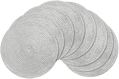 SHACOS Glitter Silver Placemats Set of 8 Sparkle Bling 15 inch Round Braided Table Mats Washable Place Mats for Dining Table Home Christmas Holiday Decor (Silver, 8)