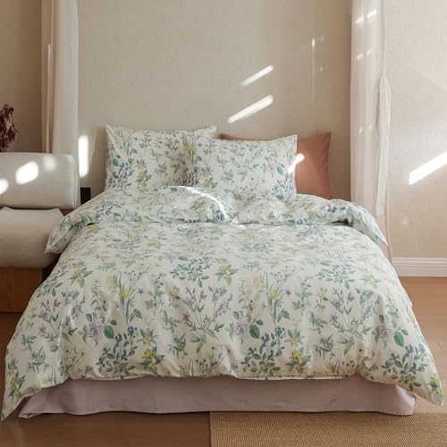 HighBuy Vintage Floral Pattern Duvet Cover Full Size,Lightweight Soft Cotton,Farmhouse Green Yellow Floral Bedding Comforter Cover with 2 Pillowcases,Cottagecore French Style,Zipper & 4 Ties