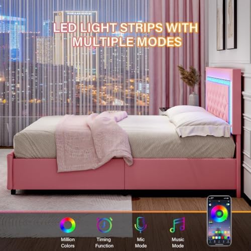 BarnFurin Twin Bed Frame with LED Lights and Diamond Tufted Headboard,Pink
