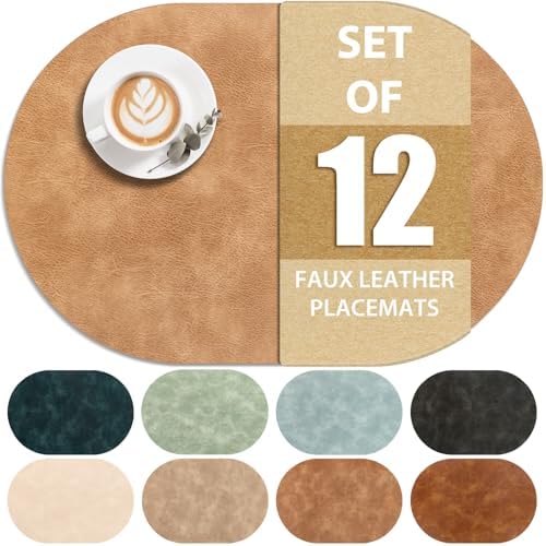 ADRIMER Oval Placemats Set of 12, Wipeable Faux Leather, Camel